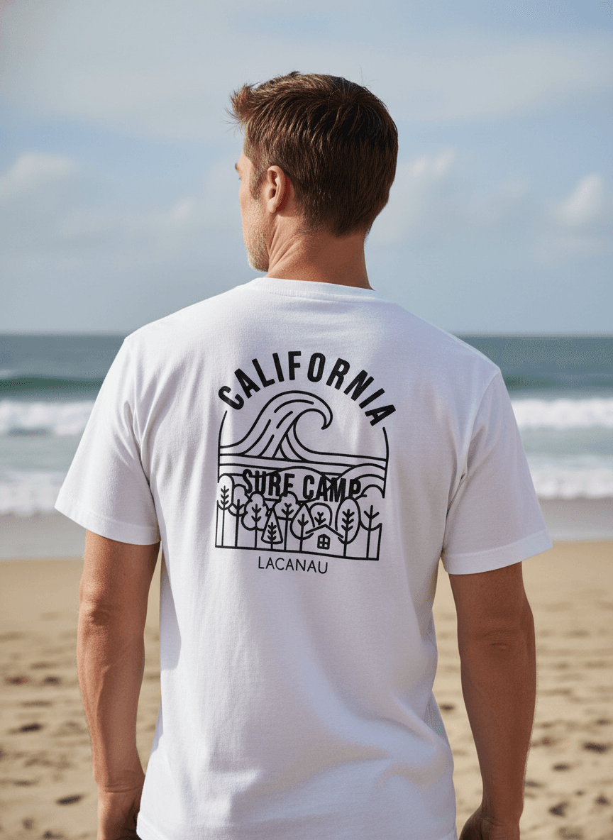 T-shirt blanc CWC California Surf Camp porté sur la plage